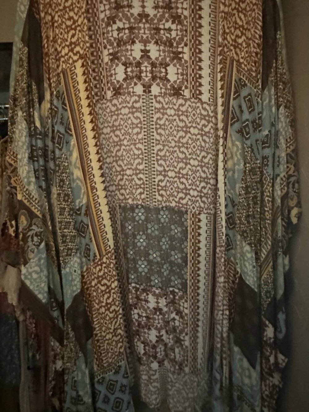 Boho Patchwork Kimono/Duster in Brown and Blue patchwork print - Picture 6 of 6